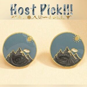 “Climb” Sunshine Over Mountain Top Blue Sky Cloud Scenic Enamel Gold Coin Studs